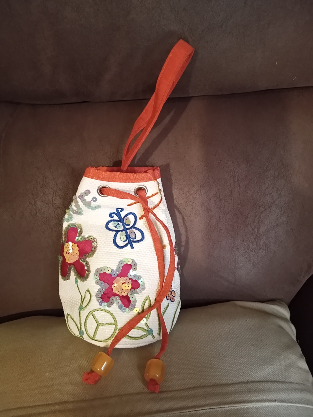 Vintage Embroidered Floral Drawstring Wristlet - White & Orange